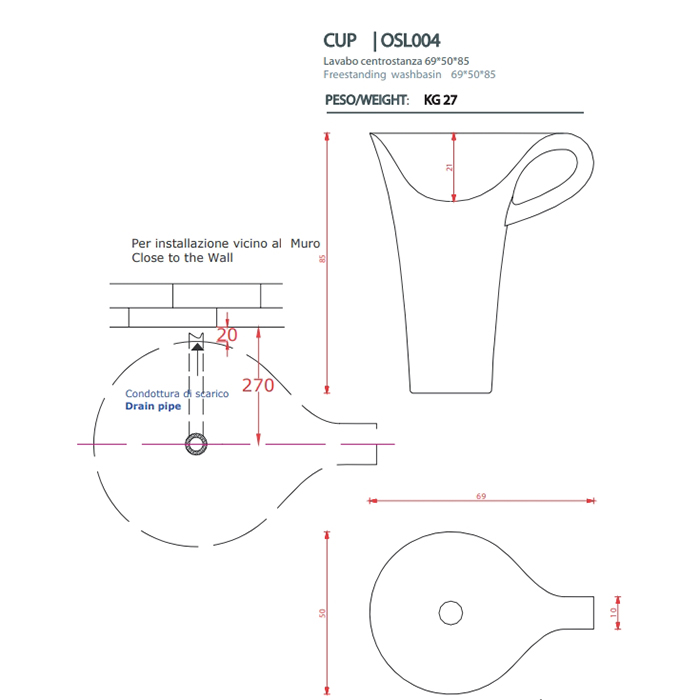 Фото Раковина напольная Artceram Cup OSL004 01 50 70х50х85 см, белый/черный