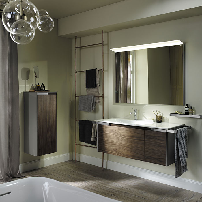 Фото Тумба с раковиной Burgbad Yso 128 SFAC111 L K0396 F2321 C0001*1 светло-серый глянцевый/коньячный орех
