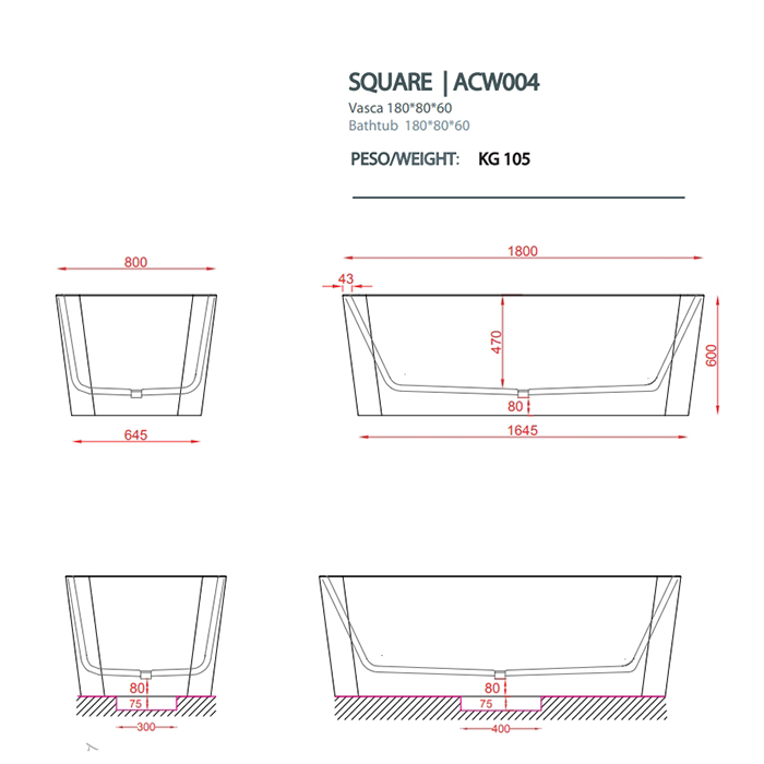 Фото Ванна отдельностоящая Artceram Square 180х80 ACW004 05 bi matt